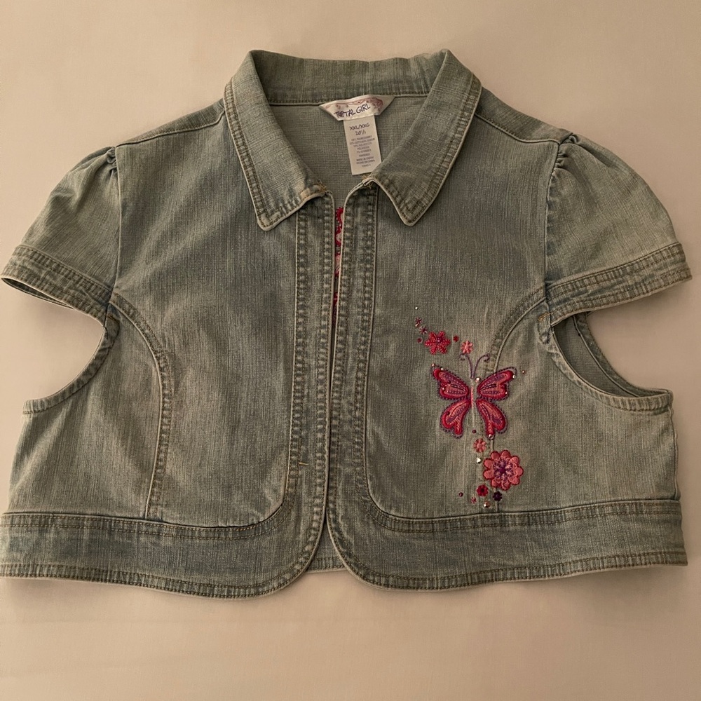 Total Girl Jean Jacket with Pink Butterfly Embroidery